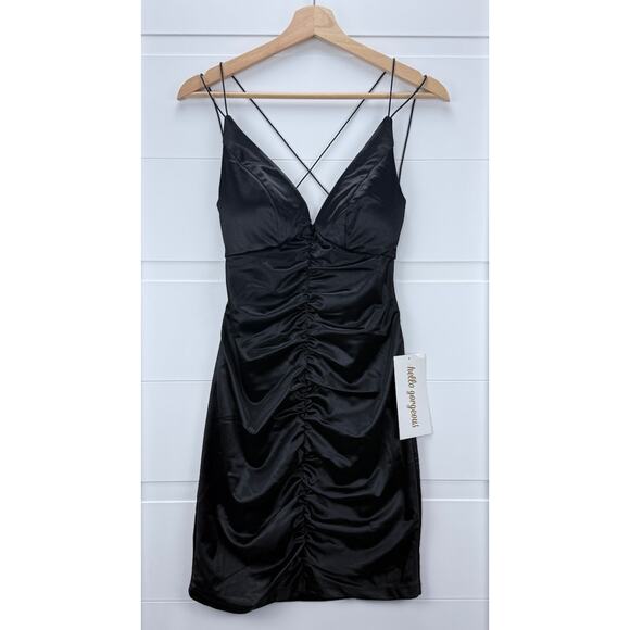 Emerald Sundae Black Ruched Satin Size M -Mini Dress Criss-Cross Back NWT - Picture 1 of 11